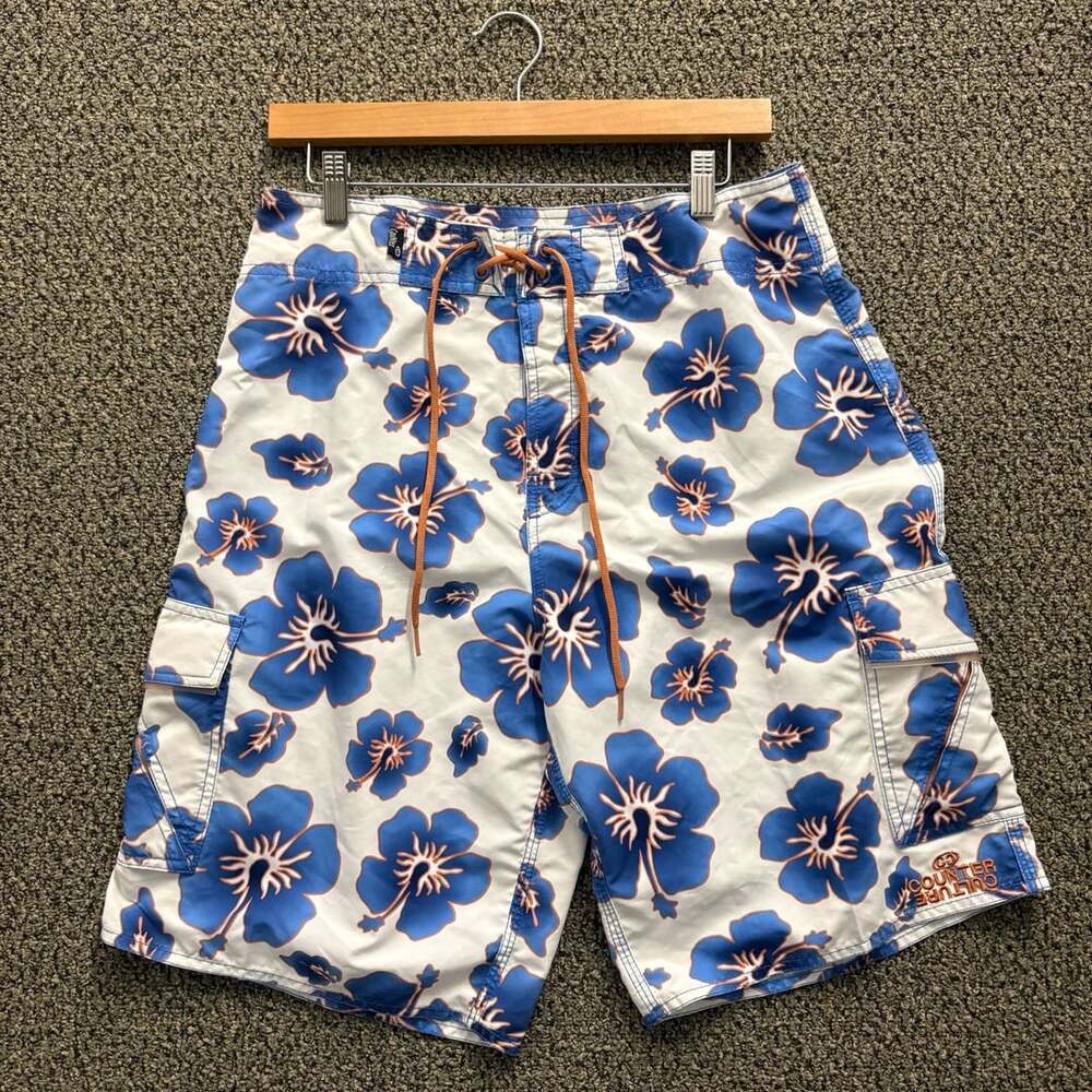 Counter Culture Blue and White Hibiscus Floral Print Cargo Board Shorts Size 31